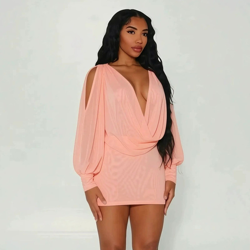 Zara Summer Solid Color Long Sleeve Cowl Neck Backless Bodycon Mini Dress